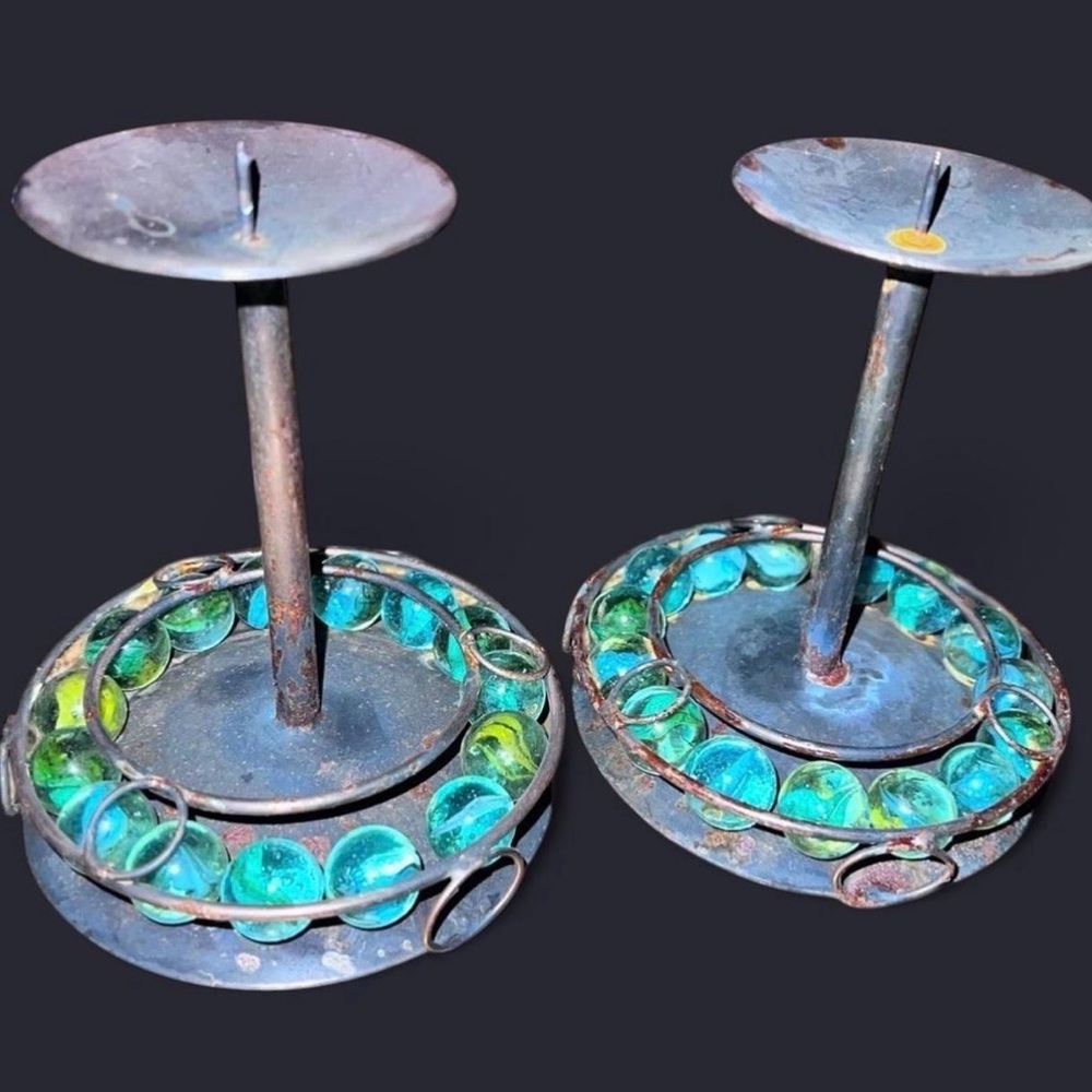 Vintage Set of 2 Metal Candle Holders Made with Cats Eye Glass Marbles
